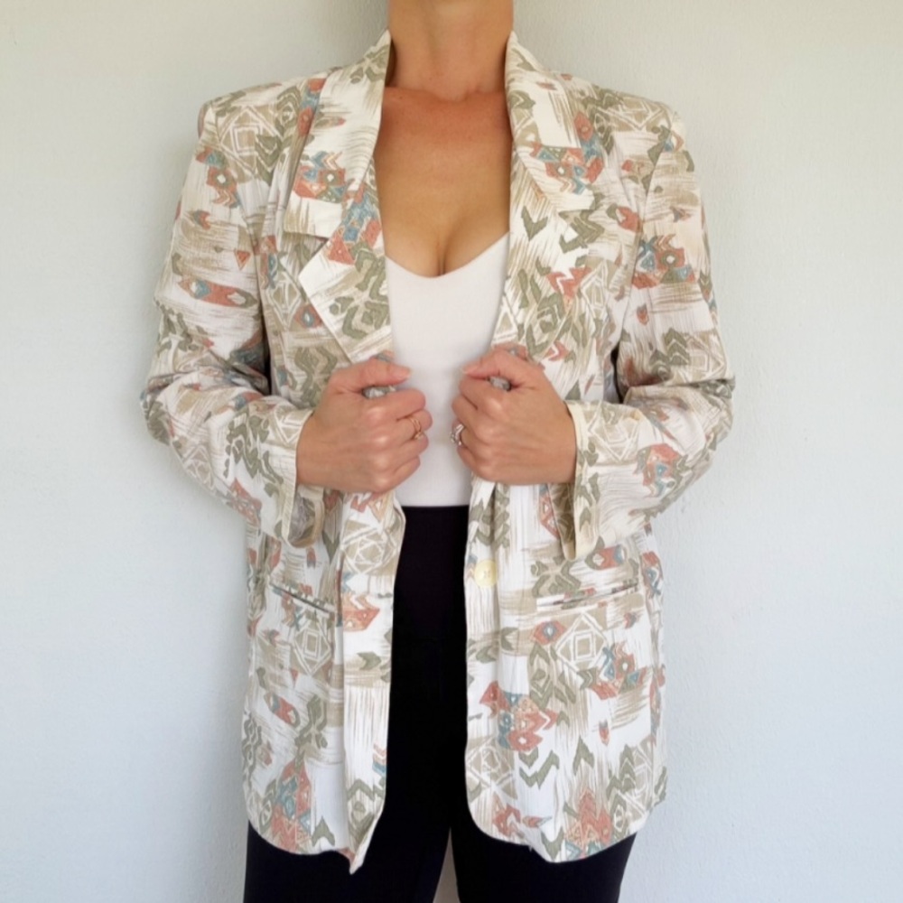Vintage Alfred Dunner cream pastel abstract tribal oversized blazer size 10